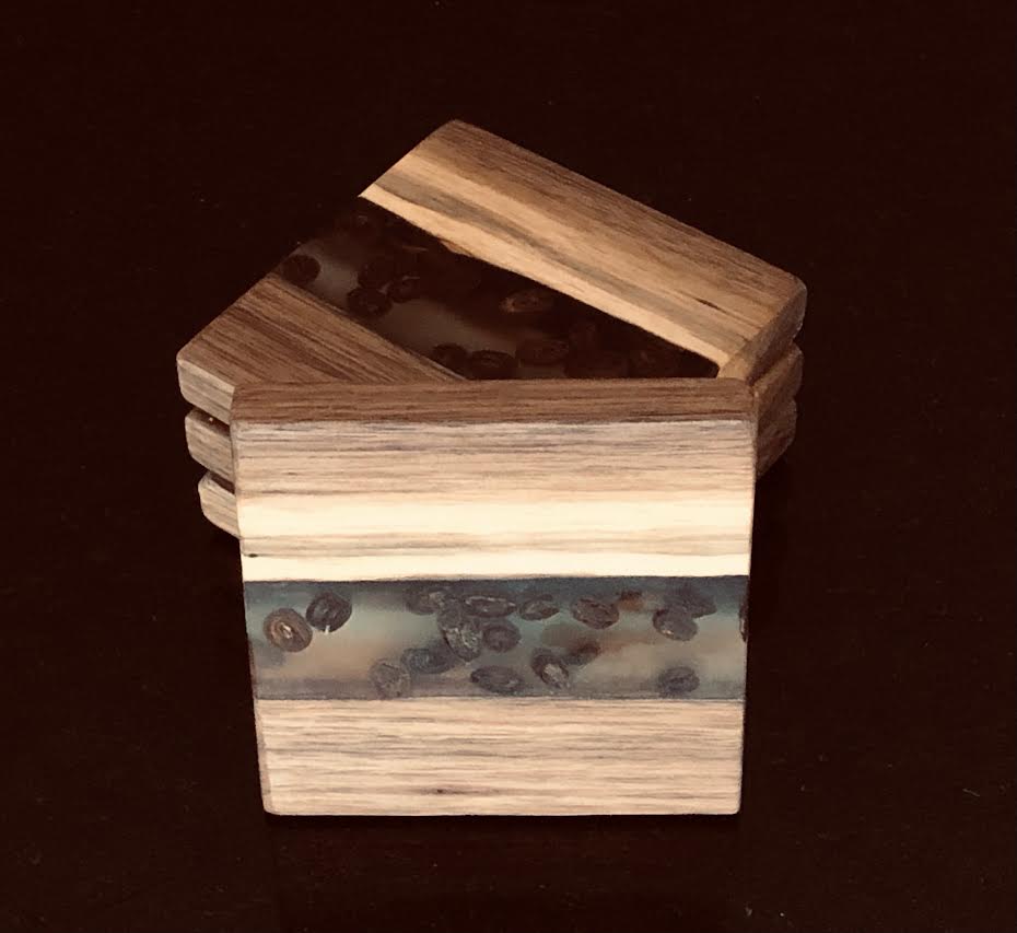 Black Walnut Wooden Coasters w/ Clear Epoxy & Coffee Bean River (Set of 4)