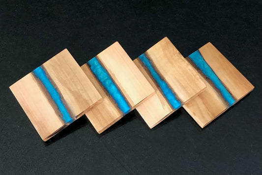 Teak Wooden Coasters w/ Caribbean Blue Epoxy River (Set of 4)