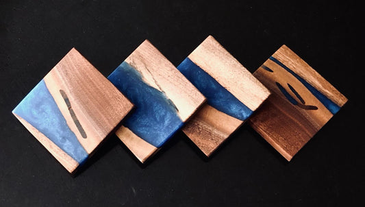 Black Walnut Wooden Coasters w/ Glacier Blue Epoxy River (Set of 4)
