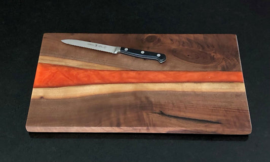 Curly Black Walnut Wooden Cutting Board w/ Burst Orange Epoxy