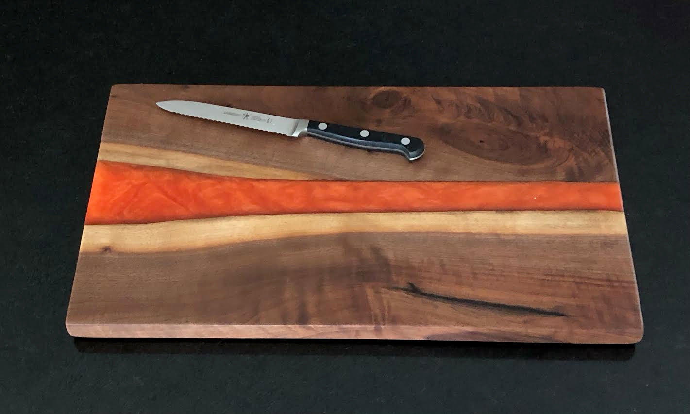 Curly Black Walnut Wooden Cutting Board w/ Burst Orange Epoxy
