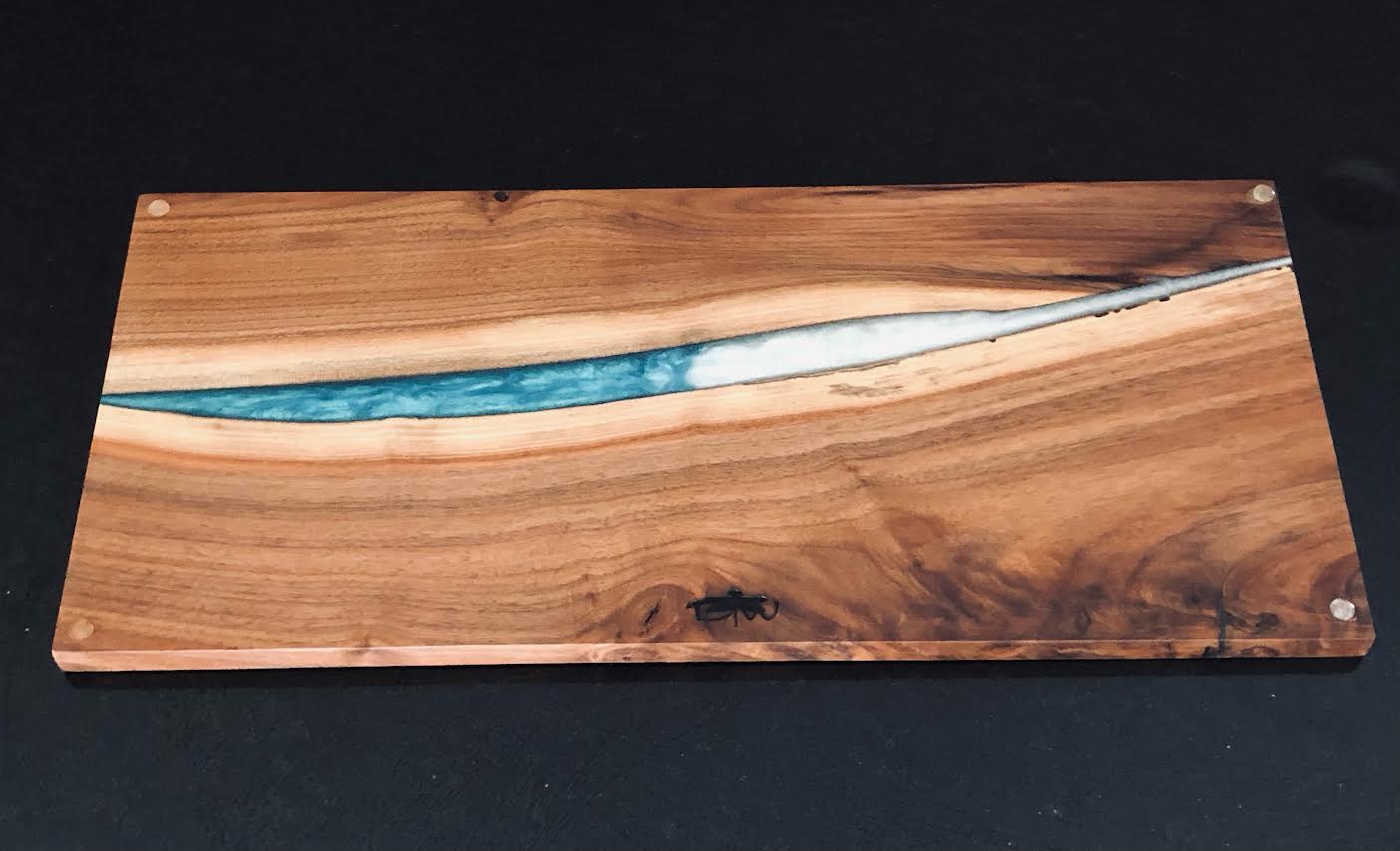 Black Walnut Wooden Cutting Board w/ Pearl White & Caribbean Blue Epoxy
