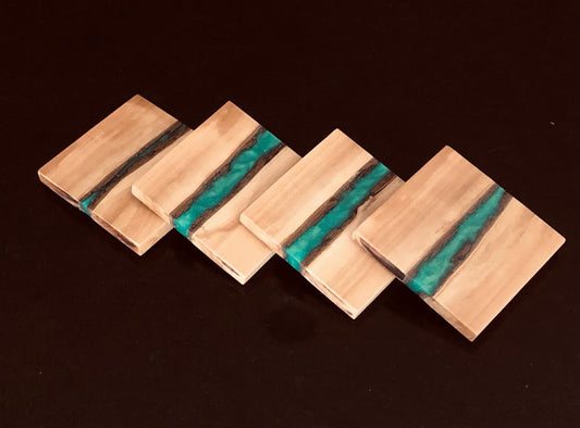 Teak Wooden Coasters w/ Green Envy Epoxy River (Set of 4)
